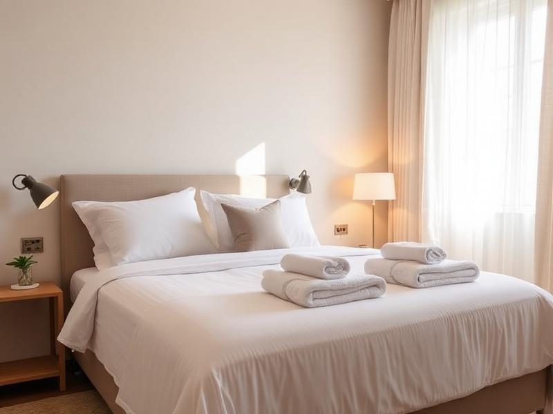 Freshly made bed with folded towels in a rental bedroom